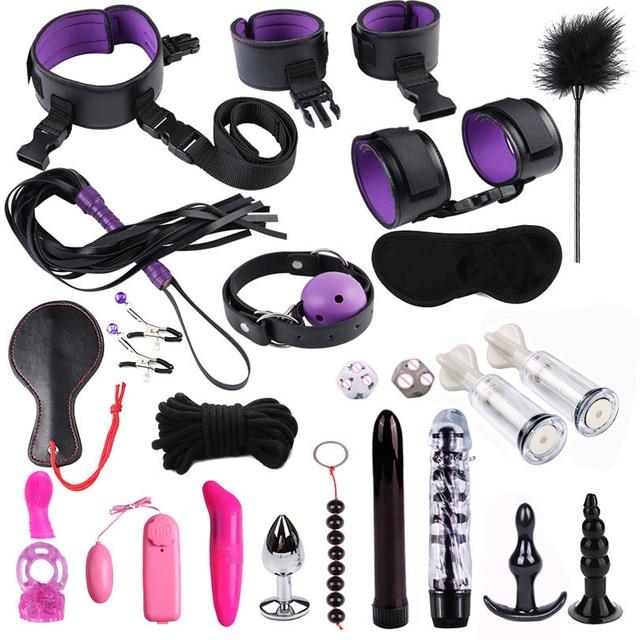 Dildo Vibrator Anal Plug Set Handcuffs Whip Nipples Clip Blindfold Breast Pump BDSM Games Adult Sex Toys Kit For Couples