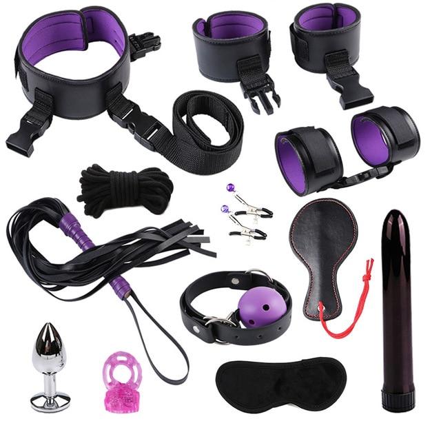 Dildo Vibrator Anal Plug Set Handcuffs Whip Nipples Clip Blindfold Breast Pump BDSM Games Adult Sex Toys Kit For Couples