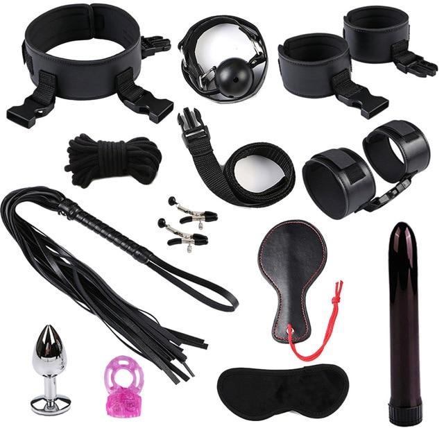 Dildo Vibrator Anal Plug Set Handcuffs Whip Nipples Clip Blindfold Breast Pump BDSM Games Adult Sex Toys Kit For Couples