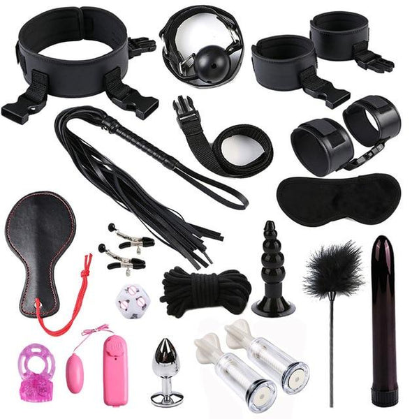 Dildo Vibrator Anal Plug Set Handcuffs Whip Nipples Clip Blindfold Breast Pump BDSM Games Adult Sex Toys Kit For Couples
