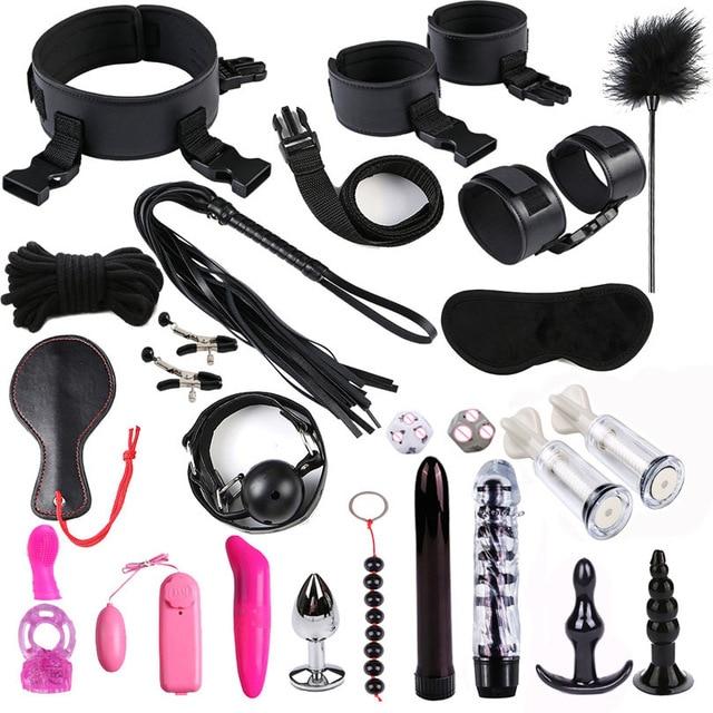 Dildo Vibrator Anal Plug Set Handcuffs Whip Nipples Clip Blindfold Breast Pump BDSM Games Adult Sex Toys Kit For Couples