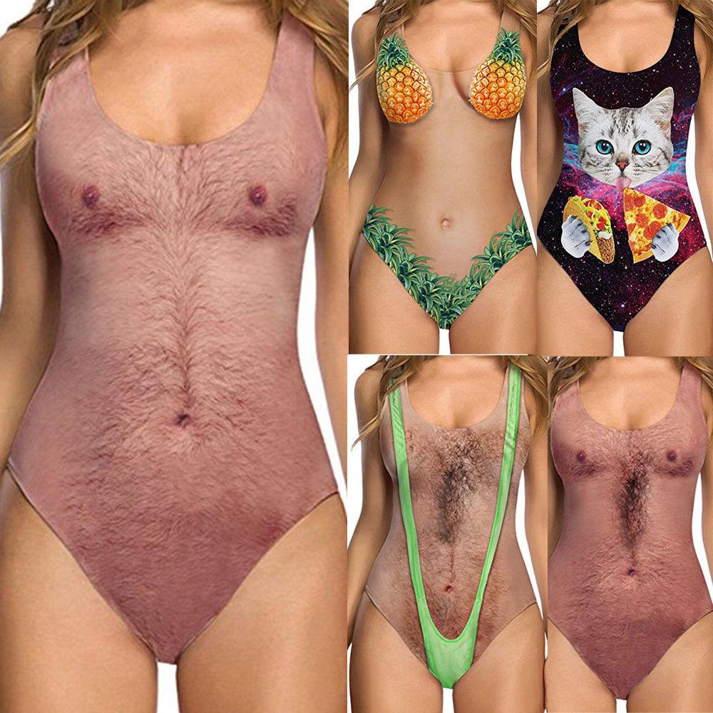 Women Hot Funny Hair Printed One-piece Swimsuit Swimwear Lady Girls Spoof  One Piece Bodysuit Bikini Swimming Suit