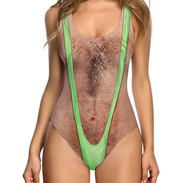 Women Hot Funny Hair Printed One-piece Swimsuit Swimwear Lady Girls Spoof  One Piece Bodysuit Bikini Swimming Suit