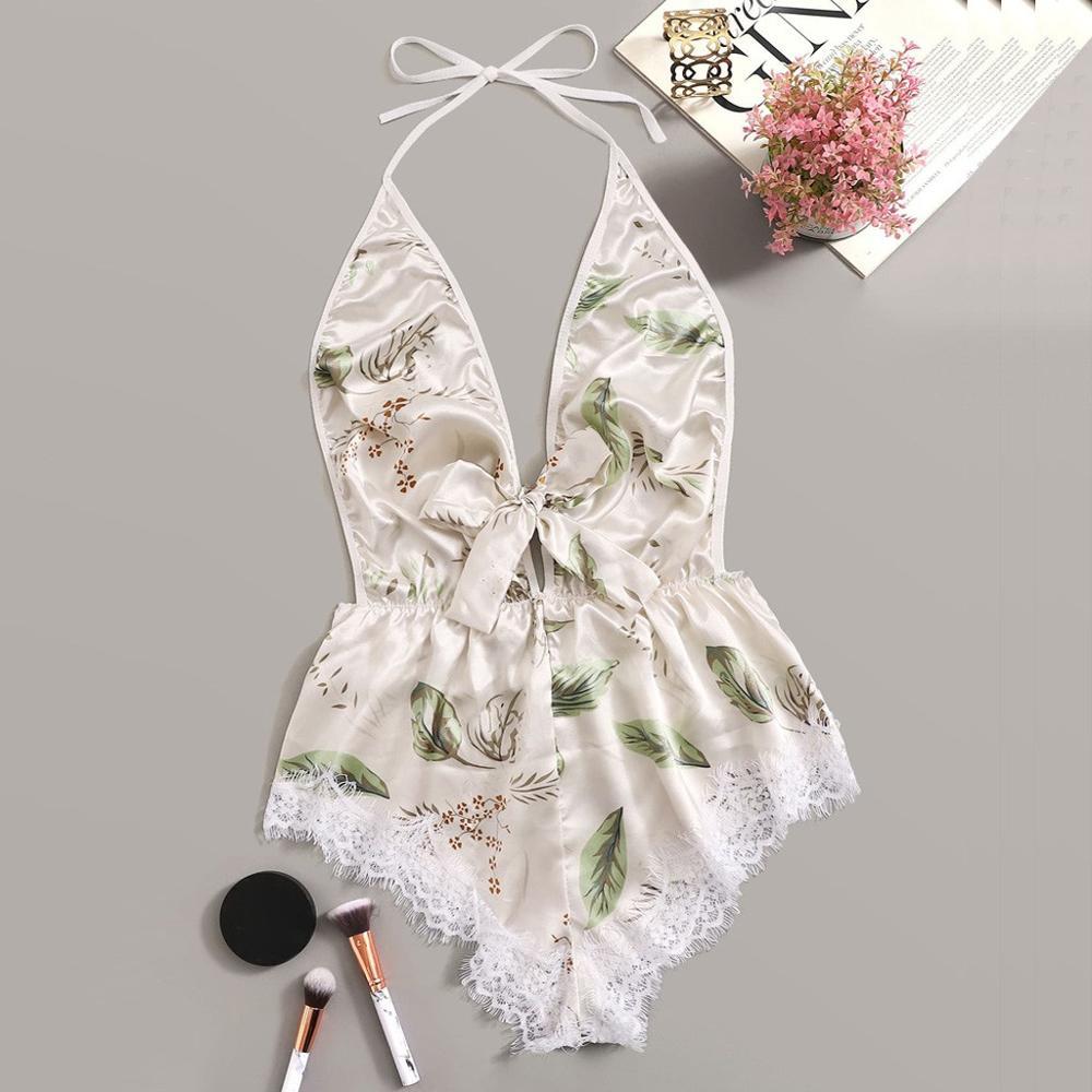 Women Satin Babydoll Sexy Lingerie Leaf Print Deep V Splice Lace Bow Halter Backless Pajamas Sleepwear Underwear Langerie