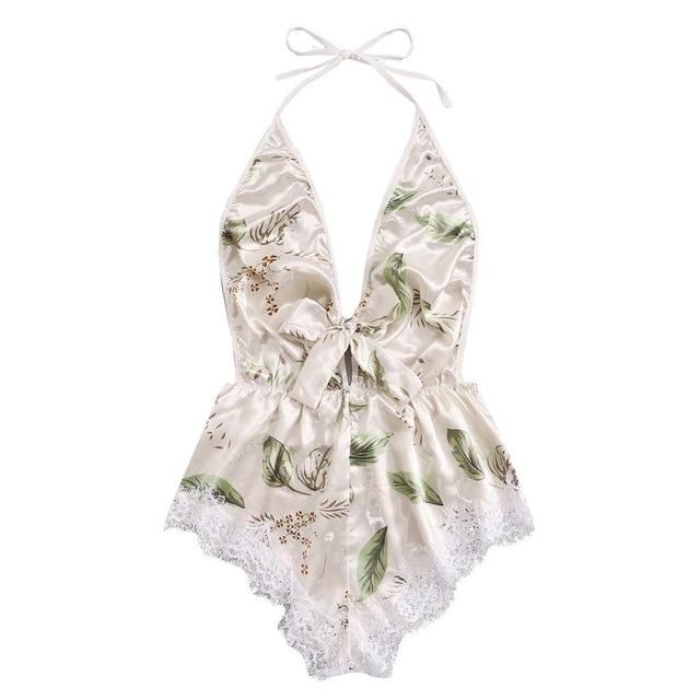 Women Satin Babydoll Sexy Lingerie Leaf Print Deep V Splice Lace Bow Halter Backless Pajamas Sleepwear Underwear Langerie