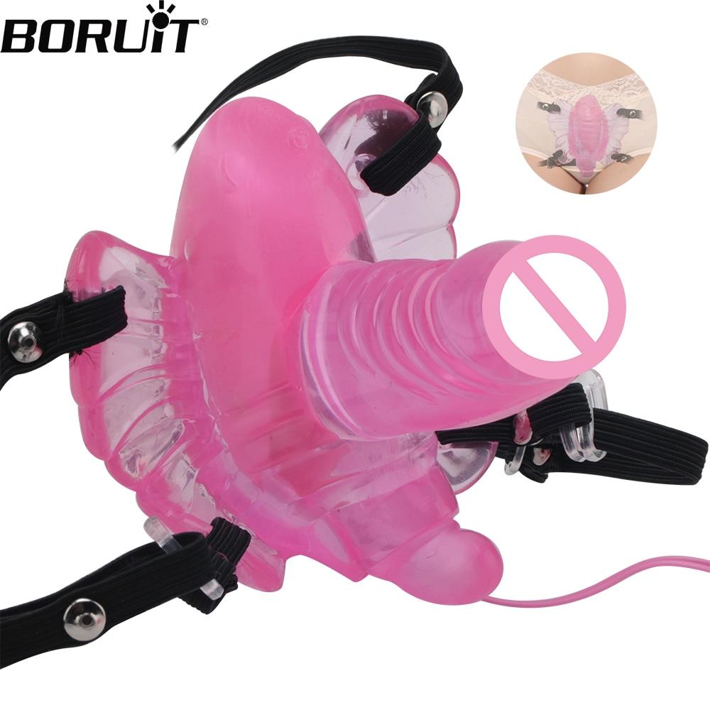 BORUiT Portable Wearable Female Masturbation Butterfly Dildo Vibrators Women Clitoral Vaginal G Spot Stimulation Toys for Adults