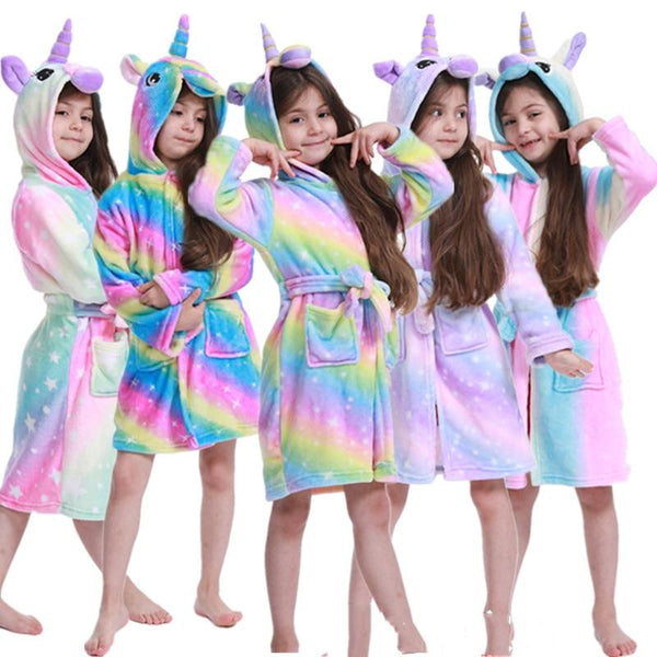 Toddler Kids Bathrobe Flannel Long Sleeve Boys Girls Animal Unicorn Towel Bathing Sleepwear Hooded Bath Robes 2019 Baby Clothes
