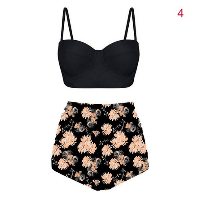 NEW Women High Waist Tankinis Top with Pants Strappy Crop Tops Print Slim Fit Shorts Swimsuit