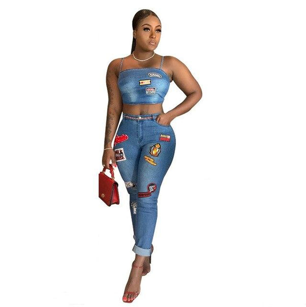 Cartoon Applique Sexy Denim Two Piece Set Women Sets Clothes Spaghetti Strap Crop Top + Skinny Pencil Pants 2 Piece Club Outfits