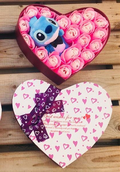 Artificial soap flowers plush Lilo stitch toys case Valentine Day rose love ideas gift box set for i love my girlfriend women