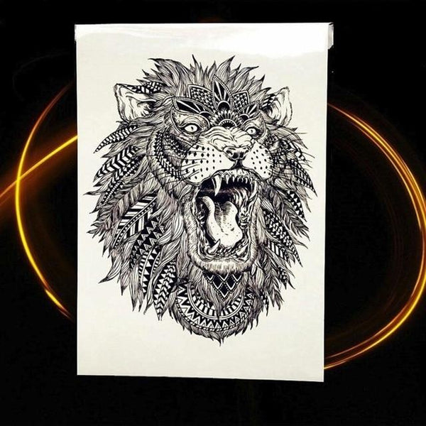 Africa Serengeti Lion Temporary Tattoo Indian Tribal Mighty Lion Warrior Waterproof Flash Tattoo Sticker Black Tatoo Men Women