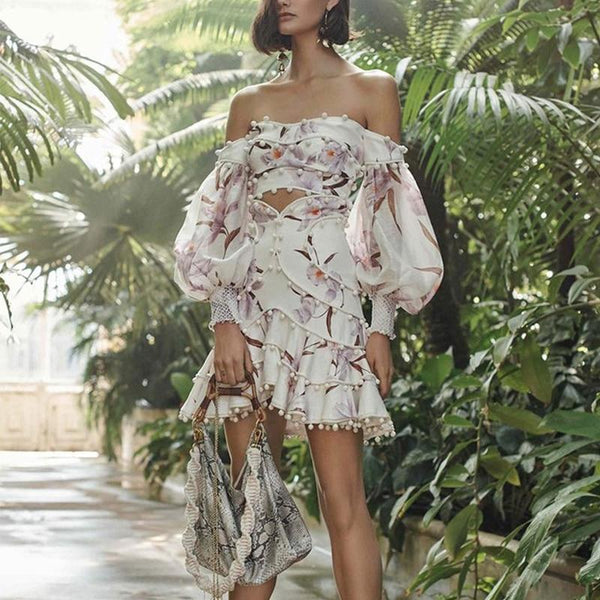 Summer 2019 Runway Designer Women Two Piece Set Eleganty Slash Neck Puff Sleeve Sexy Off Shoulder Tops+Skirt Female 2 Piece Set