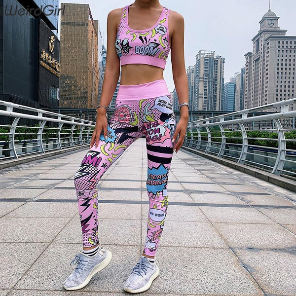 Weirdgirl Women Fitness print Tracksuit Women 2 piece Set with Pads strected crop Top high waist leggings new femme sportwear