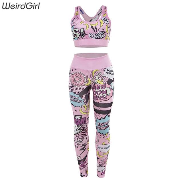 Weirdgirl Women Fitness print Tracksuit Women 2 piece Set with Pads strected crop Top high waist leggings new femme sportwear