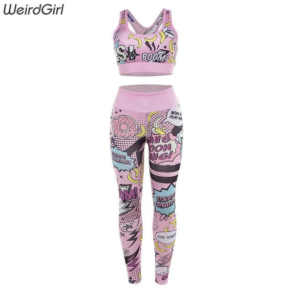 Weirdgirl Women Fitness print Tracksuit Women 2 piece Set with Pads strected crop Top high waist leggings new femme sportwear