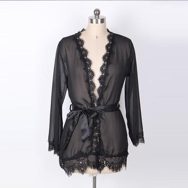 Women Summer Autumn Perspective Robe Sets Sexy Lace Bathrobe Translucent Lingerie Lace-up Plus Size Nightwear Home Clothes Y8