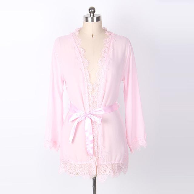 Women Summer Autumn Perspective Robe Sets Sexy Lace Bathrobe Translucent Lingerie Lace-up Plus Size Nightwear Home Clothes Y8