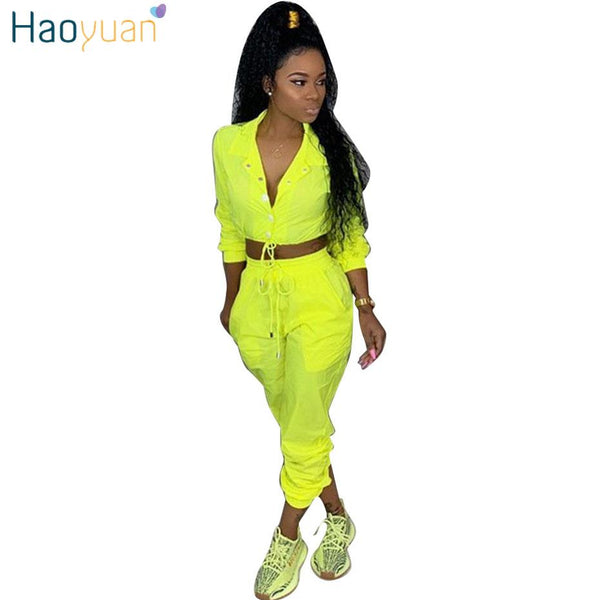 HAOYUAN Neon Pink Matching Sets Tracksuit Sweat Suit Festival Clothes Sexy Club Outfits 2 Two Piece Set Women Crop Top and Pants