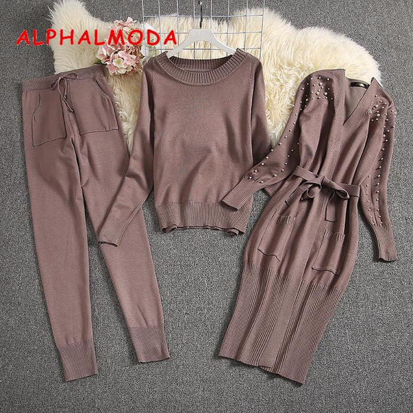 ALPHALMODA 2019 Winter Women Warm 3pcs Knitting Suits Long-sleeved Pearl Cardigans + Sweater + Trousers Ladies Fashion 3pcs Set