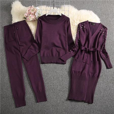 ALPHALMODA 2019 Winter Women Warm 3pcs Knitting Suits Long-sleeved Pearl Cardigans + Sweater + Trousers Ladies Fashion 3pcs Set