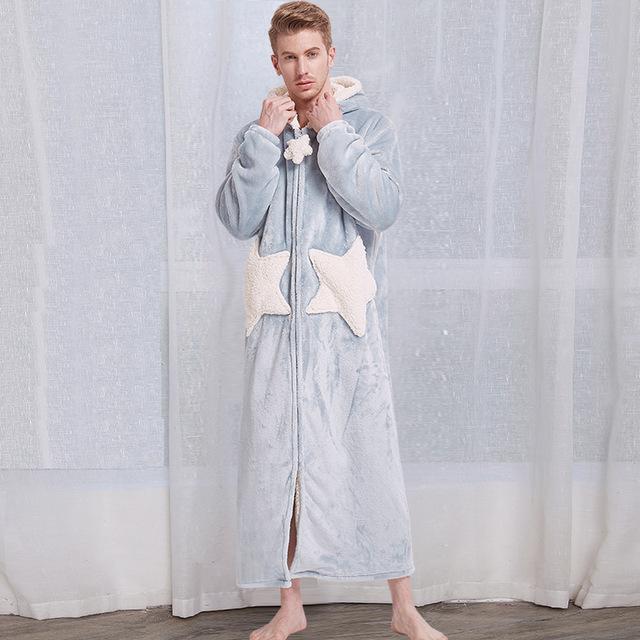 Lovers Winter Long Warm Thick Flannel Coral Fleece Bathrobe Mens Star Moon Bath Robe Grey Sleepwear Hooded Night Wear Dress Gown