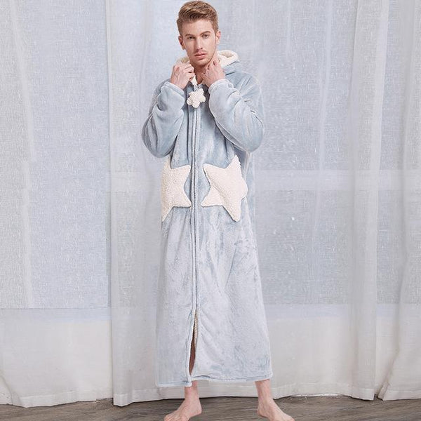 Lovers Winter Long Warm Thick Flannel Coral Fleece Bathrobe Mens Star Moon Bath Robe Grey Sleepwear Hooded Night Wear Dress Gown