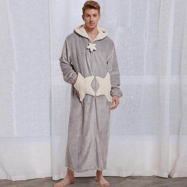 Lovers Winter Long Warm Thick Flannel Coral Fleece Bathrobe Mens Star Moon Bath Robe Grey Sleepwear Hooded Night Wear Dress Gown