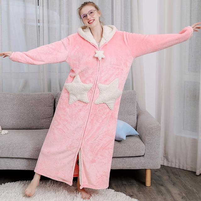 Lovers Winter Long Warm Thick Flannel Coral Fleece Bathrobe Mens Star Moon Bath Robe Grey Sleepwear Hooded Night Wear Dress Gown