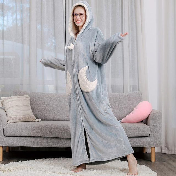 Lovers Winter Long Warm Thick Flannel Coral Fleece Bathrobe Mens Star Moon Bath Robe Grey Sleepwear Hooded Night Wear Dress Gown