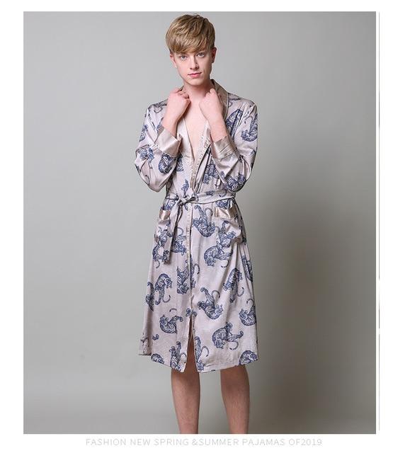 Two-Pieces Silk Nightgown Satin male Sleepwear Loose Tiger Dress Silky Long Sleeve Robe and Long Pants bathrobe set for Men