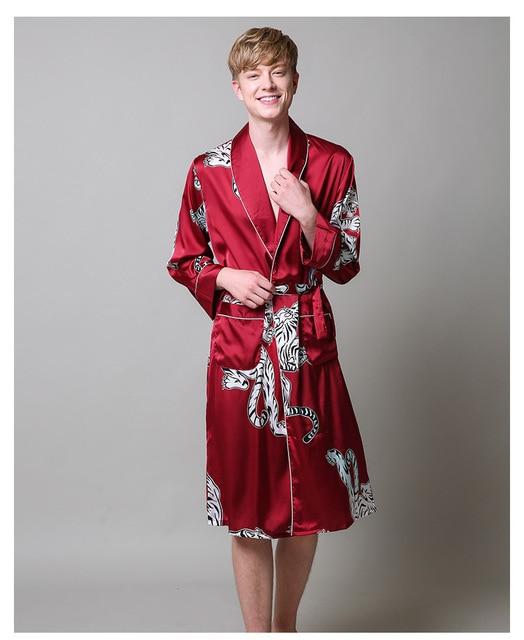 Two-Pieces Silk Nightgown Satin male Sleepwear Loose Tiger Dress Silky Long Sleeve Robe and Long Pants bathrobe set for Men