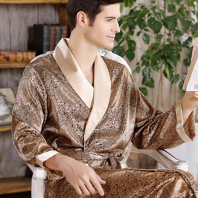 Men Silk Bathrobe Big Size 5XL Satin Kimono Gown Home Clothes Man Printed Geometric Robes V-neck Sleepwear Nightgown