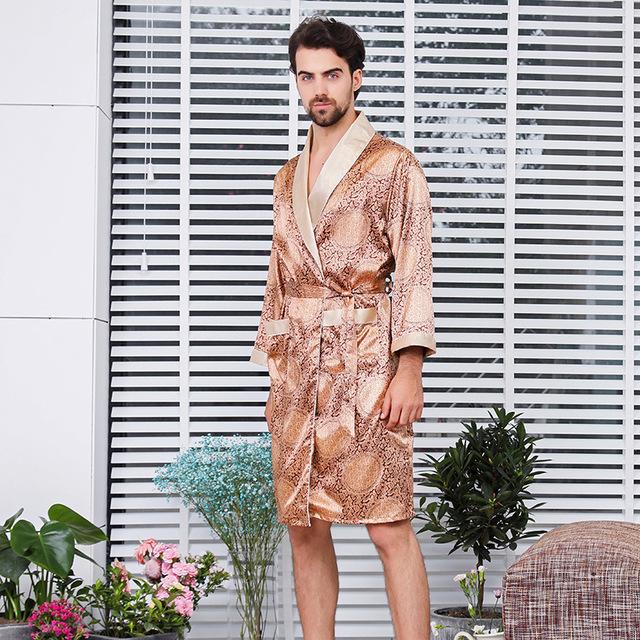 Men Silk Bathrobe Big Size 5XL Satin Kimono Gown Home Clothes Man Printed Geometric Robes V-neck Sleepwear Nightgown