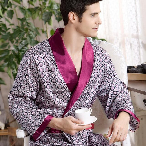 Men Silk Bathrobe Big Size 5XL Satin Kimono Gown Home Clothes Man Printed Geometric Robes V-neck Sleepwear Nightgown