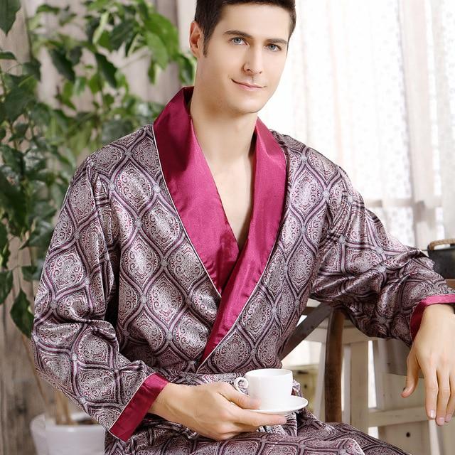 Men Silk Bathrobe Big Size 5XL Satin Kimono Gown Home Clothes Man Printed Geometric Robes V-neck Sleepwear Nightgown