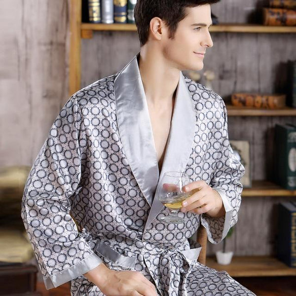 Men Silk Bathrobe Big Size 5XL Satin Kimono Gown Home Clothes Man Printed Geometric Robes V-neck Sleepwear Nightgown