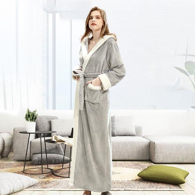 Winter Ankle-Length Warm Robe Thick Men Women Coral Fleece Kimono Bathrobe Lovers Couple Nightgown Gown Sleepwear Long Nightwear