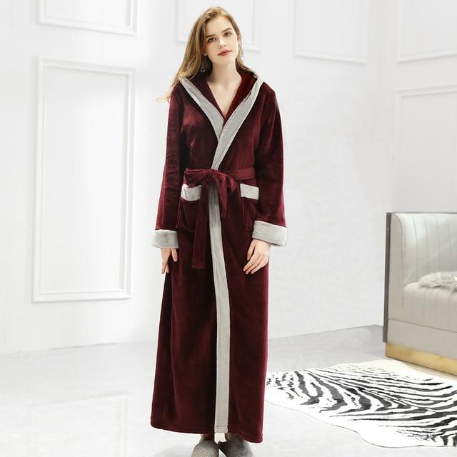 Winter Ankle-Length Warm Robe Thick Men Women Coral Fleece Kimono Bathrobe Lovers Couple Nightgown Gown Sleepwear Long Nightwear