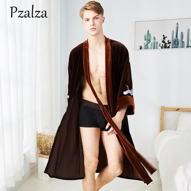 Special Animal Red-crowned Cranes Men's Bathrobes Robe Men Velour Winter Long Robe Male Sleepwear Robe Belt Nightgown Brown