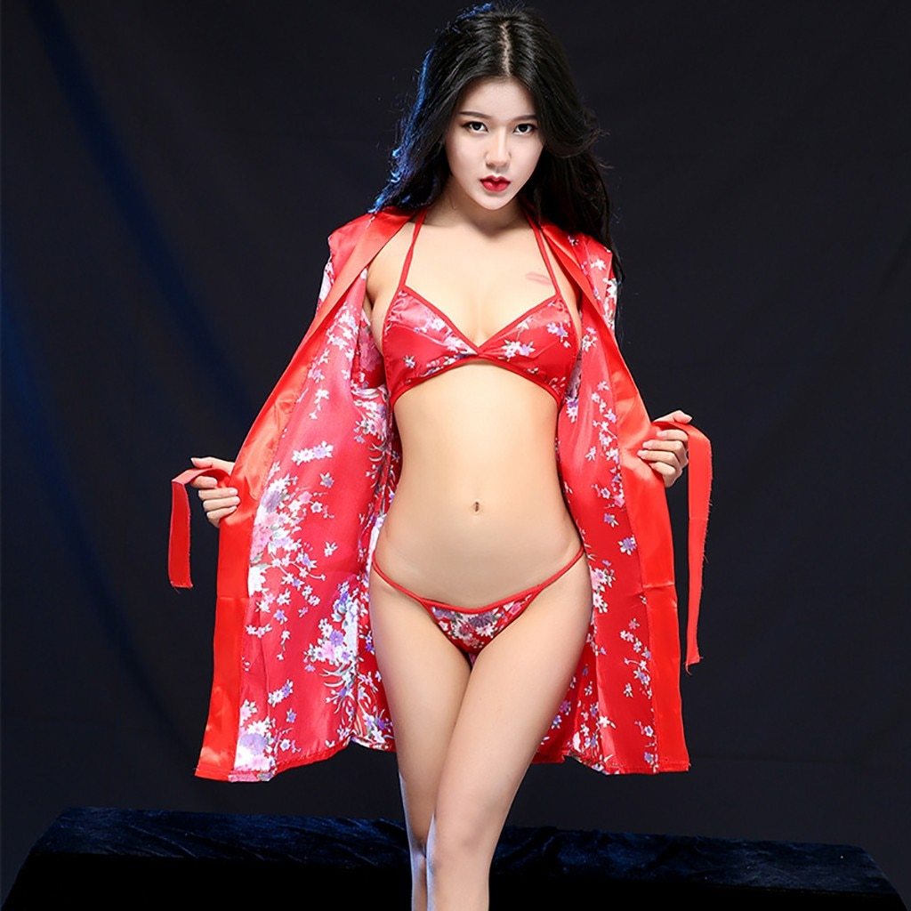 Women Ladies Sexy Lingerie Sexy Floral Bathrobe Flirting Pajamas Bathrobes Satin Robe Nightgown Sleepwear Pajamas Lingerie