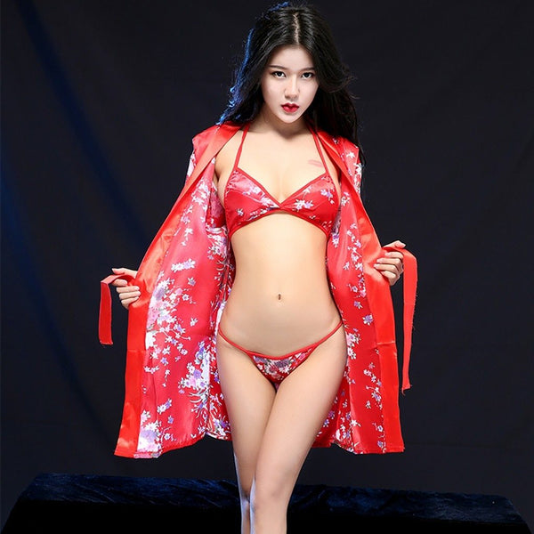 Women Ladies Sexy Lingerie Sexy Floral Bathrobe Flirting Pajamas Bathrobes Satin Robe Nightgown Sleepwear Pajamas Lingerie
