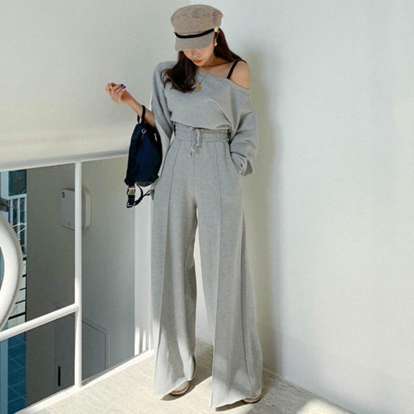 LANMREM 2019 New Summer Fashion Women Clothes Slash Neck Full Sleeves Short Top And High Waist Full Length Pants WH40306