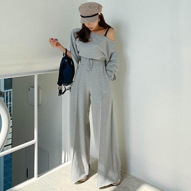 LANMREM 2019 New Summer Fashion Women Clothes Slash Neck Full Sleeves Short Top And High Waist Full Length Pants WH40306