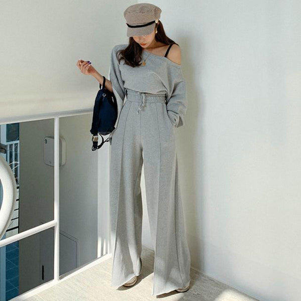 LANMREM 2019 New Summer Fashion Women Clothes Slash Neck Full Sleeves Short Top And High Waist Full Length Pants WH40306