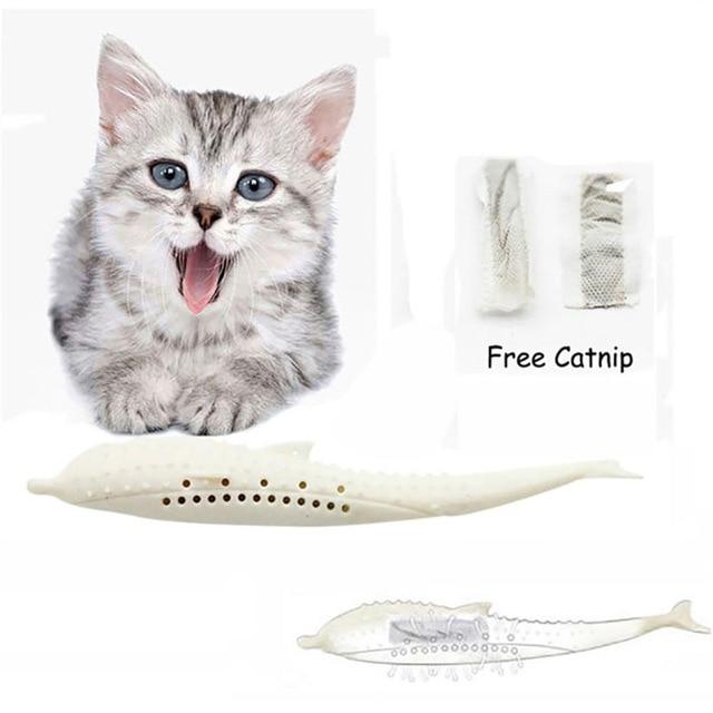 Pet Cat Toothbrush Toy Fish Shape Catnip Flavor Silicone Molar Stick Teeth Cleaning Toy For Cats Kitten