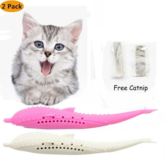 Pet Cat Toothbrush Toy Fish Shape Catnip Flavor Silicone Molar Stick Teeth Cleaning Toy For Cats Kitten