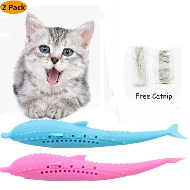 Pet Cat Toothbrush Toy Fish Shape Catnip Flavor Silicone Molar Stick Teeth Cleaning Toy For Cats Kitten