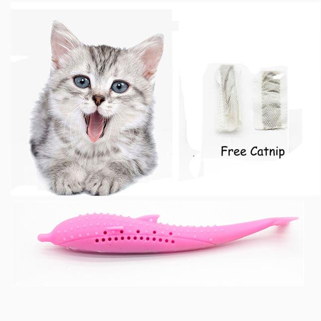 Pet Cat Toothbrush Toy Fish Shape Catnip Flavor Silicone Molar Stick Teeth Cleaning Toy For Cats Kitten
