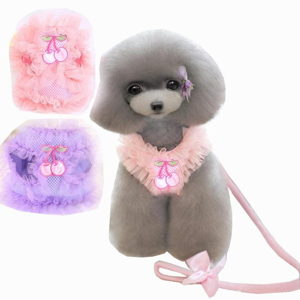 Pink Purple Princess Lace Cherry Pet Dog Harness Leash Set Breathable Pet Harness for Small Dog Pet XS S M L XL
