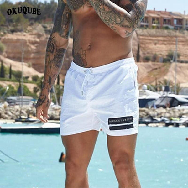 Men Swimwear White Black Bule Red Swimsuit Side Pockets Drawstring Elastic Waistband Swimming Trunks Breathable Swim Briefs Male
